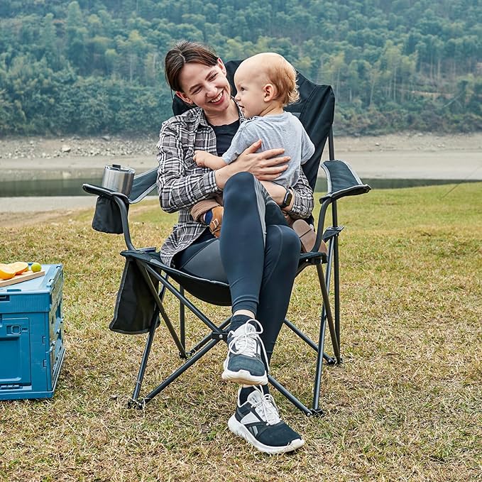 EVER ADVANCED Folding Camping Chair with High Back Padded 2 Pack Oversized Portable Lawn Chairs Lightweight Sturdy Steel Foldable Outdoor Camp Chair for Adults Black