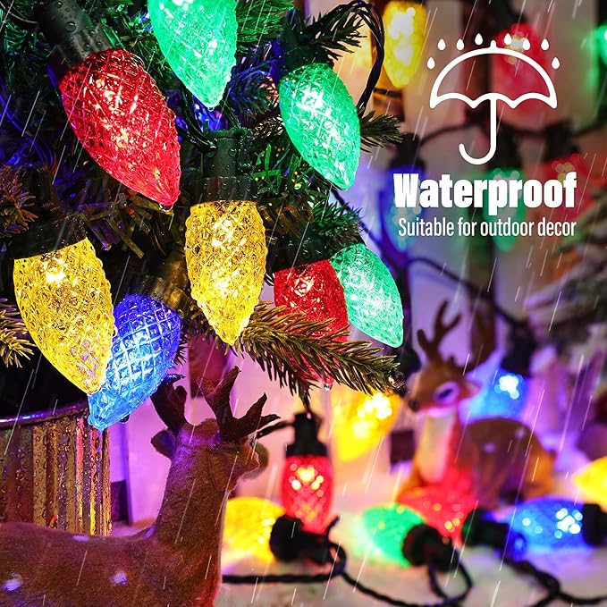 iBaycon Solar C9 Christmas Lights Outdoor 65FT 100LED C9 Strawberry String Light 8 Modes Solar Powered Lights String for Xmas Tree House Eaves Roof Christmas Holiday Decorations