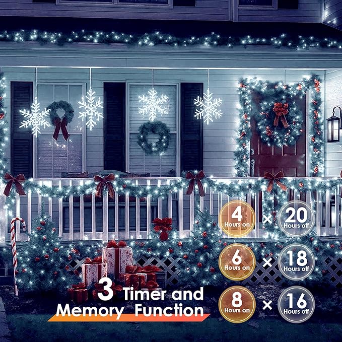 Christmas Lights 600 LED 196FT IP67 Waterproof Christmas Tree Lights with 8 Modes Outdoor String Lights with Timers &amp Memory Function Xmas Light for Holiday Decor (Cool White)