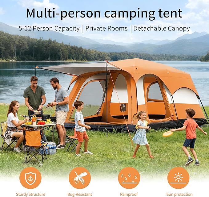 Large Family Standing Upright Camping Tent - 5-12 Persons Multi-Room Waterproof Tent with Screened Porch - Glamping Tent for Outdoor Camping &amp Family Vacation