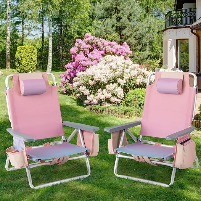 Giantex Folding Beach Chair Patio Sling Chairs with 5 Adjustable Position Head Pillow Storage Bag Towel Bar Cup Holders Backpack Chairs for Sunbathing Camping Chair