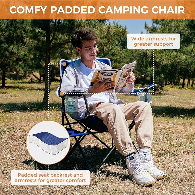 FUNDANGO Folding Padded Camping Chair Portable Outdoor Full Back Lawn Arm Chair with Side Table Cup Holder Side Pocket for Garden Picnic BBQ with Carry Bag Support 300LBS
