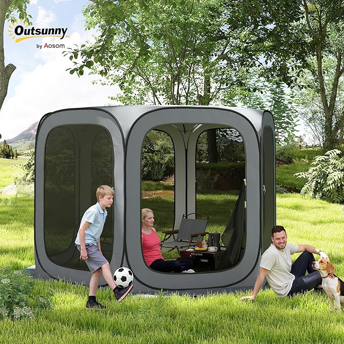 Outsunny 11 x 11ft Pop Up Screen Tent Portable Camping Gazebo Canopy Screen House with UPF50+ Oxford Cloth and Carry Bag for Patio Backyard Deck and Outdoor Activities