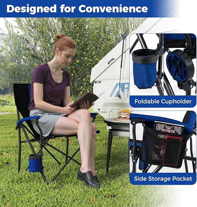 Tangkula Camping Chair Outdoor Portable Camp Chair with Cup Holder Side Pocket Carrying Bag Portable Heavy Duty Folding Lawn Chair for Beach Picnic Fishing Travel