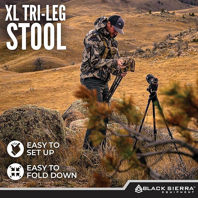 Black Sierra Folding Hunting Stool w/Shoulder Strap Supports 225 lbs Lightweight Collapsible Tripod Seat Foldable Steel Frame Chair Perfect for the Hunting Blind Fishing Hiking Travel