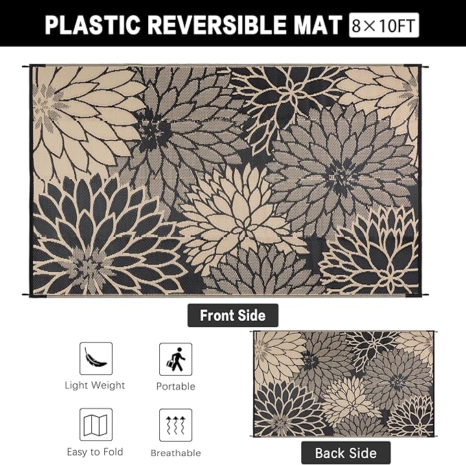 HUGEAR 8'x10' Outdoor Rug Waterproof Plastic Straw Rugs Large Brown Reversible Floral Mat Floor Carpet for Camping RV Deck Entryance Porch Picnic Balcony Beach Backyard