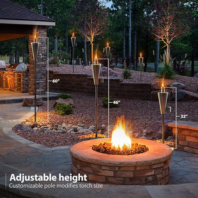 Matney Stainless Steel Outdoor Torches - Decorative Garden &amp Yard Lights - 5 ft Oil Lamp for Citronella - Fiberglass Wick &amp Snuffer Cap - Set of 4 (Cylinder)