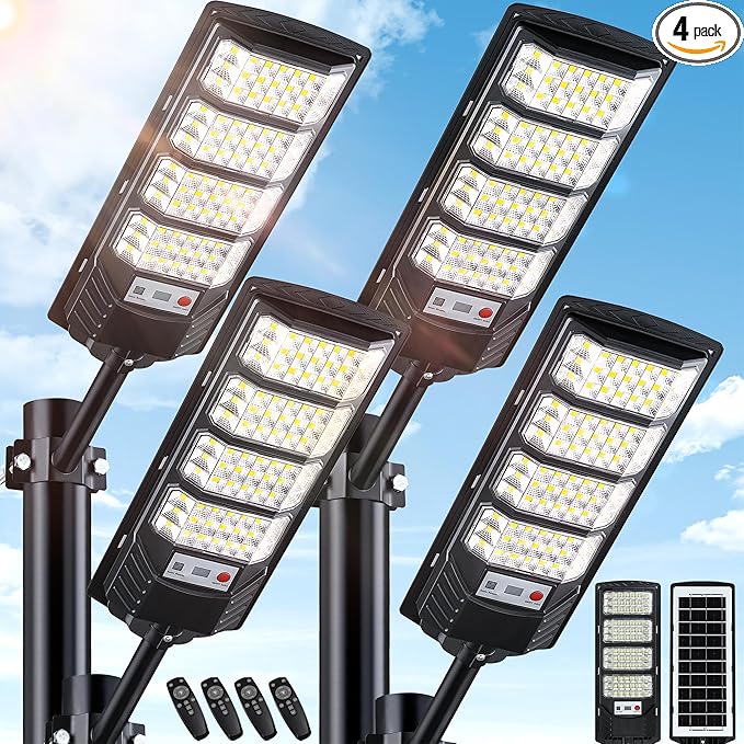 4 Pack Solar Street Lights Outdoor Waterproof 6500K LED Motion Sensor Lights Dusk to Dawn Solar Flood Lights with RemoteParking Lot LightCommercial Area Lighting for Outside