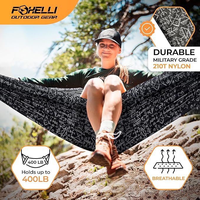 Foxelli Camping Hammock – Ultralight Hammock for Backpacking Hiking Festivals Travel - Easy Setup with Tree-Friendly Ropes &amp Steel Carabiners Heavy Duty Parachute Nylon