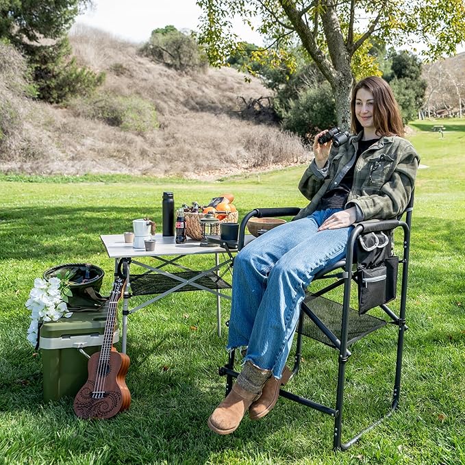 SUNNYFEEL Tall Camping Directors Chair Portable Folding Artist Makeup Chair with Side Table Pocket Footrest Heavy Duty for BeachTripPicnicConcert Outdoor Foldable Camp Lawn Chairs