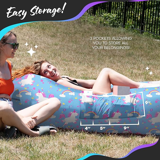 Nevlers Inflatable Lounger – Unicorn | 210T Polyester No-Pump Blow Up Couch Air Lounger | Portable Inflatable Couch for Camping Beach Festivals &amp More | 450 Lbs. Cap Air Chair w/Pockets &amp Ca