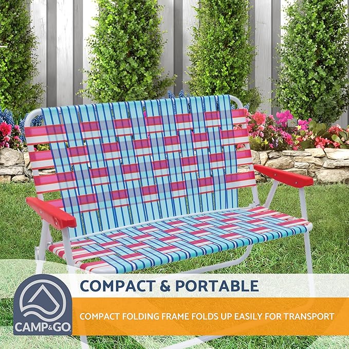 Camp &amp GO 16.5 High Seat Outdoor Double Wide Loveseat Web Folding Chair Blue/Red