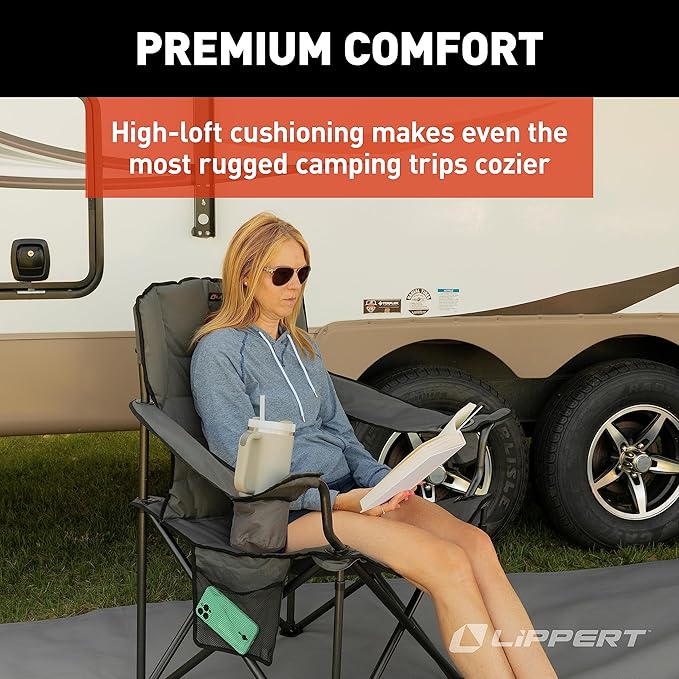 Lippert Campfire Deluxe Folding Chair - Sand High-Loft Foldable Cushion Chair Dual Cup Holders Power Coated Steel Frame Durable 600D Outdoor Polyester Fabric 500 lb. Capacity 2022114828