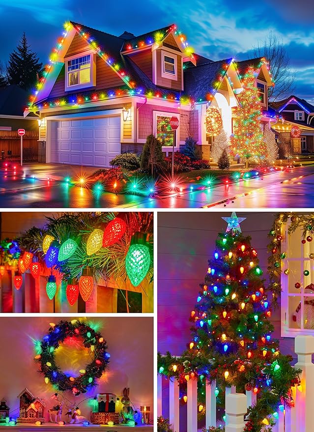 Solar Christmas Lights Outdoor 2 Pack 50 LED C9 Strawberry String Light with Timer &amp 8 Light Mode Waterproof Solar Christmas Tree Lights for Outside Garden Patio Party Christmas Decor Multicolo