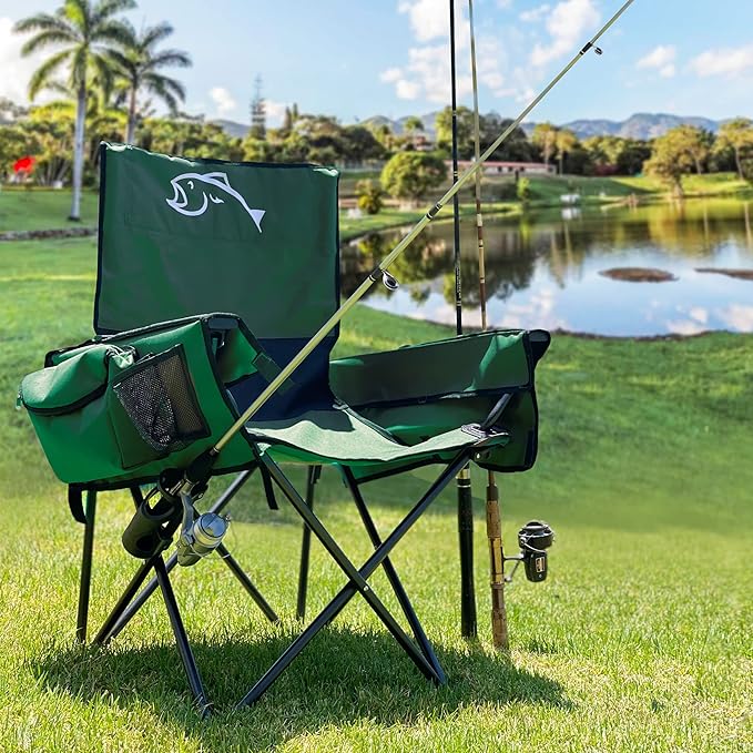EASYGO PRODUCTS Fishing Chair with Rod Holder – Built in Cooler – Hands Free Fishing Pole Holder - Storage Pouch – Full Size Portable &amp Folding – Ruler for Measuring Fish Fishing Chair Green