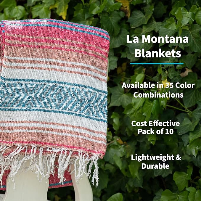 La Montana Mexican Blankets and Throws 4 Pack 74x50 - Made in Mexico Lightweight Yoga Blanket for Schools Studios Outdoors Camping Picnic Decor - Washable Turquoise/Coral/Melon/White