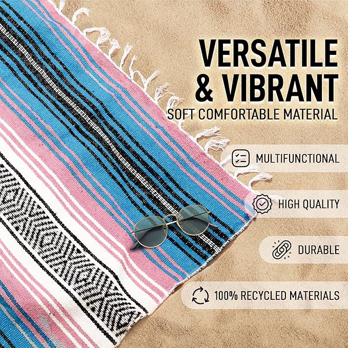 Hydration Nation Authentic Large Handwoven Mexican Striped Throw Blanket - Soft Durable Eco-Friendly - 70x50 - Cotton Candy