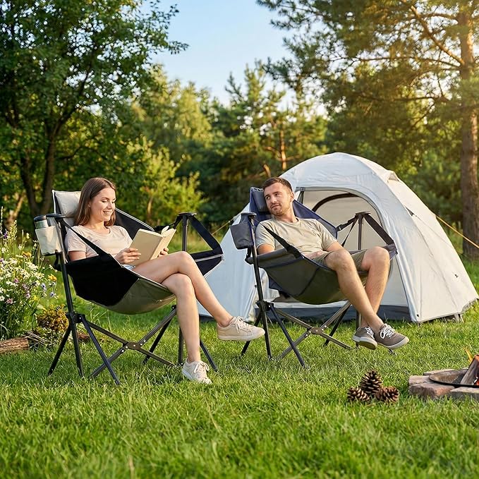 Hammock Camping Chair with Adjustable Backrest Portable Folding Rocking Camping Chair with Ergonomic Seat &amp Padded Headrest Ideal for Camping Travel Tailgating Black &amp Beige 2 Pack