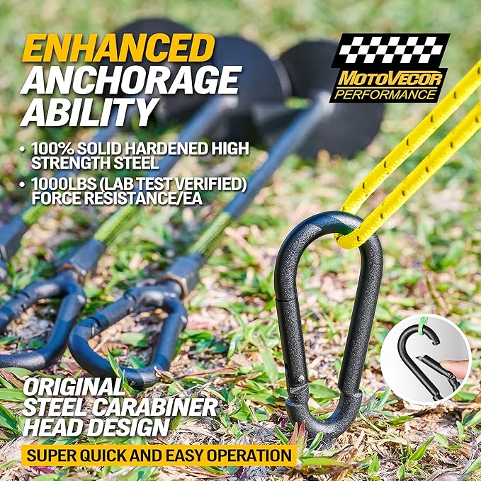 18” Heavy Duty Ground Anchors(1000lbs)Screw in Swing Set Anchors Forged from Tungsten Steel Detachable Carabiner Design High Wind Trampoline Stakes for Tents Trees Canopies Gazebos-4 PCS