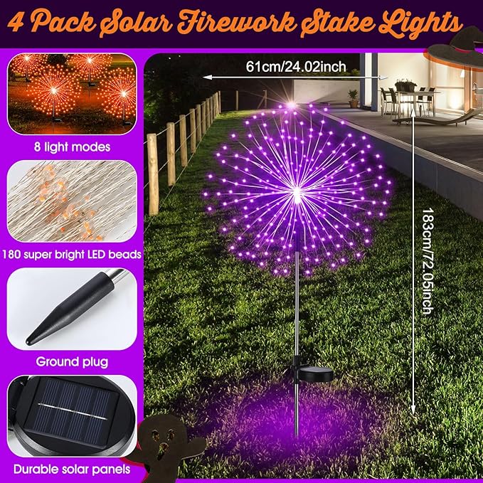 6 Pcs Easter Solar Firework Stake Lights 180 LED 8 Modes Solar Waterproof LED Sparkler Lights Outdoor Decoration for Christmas Holiday Garden Patio Yard Pathway Walkway Orange Purple