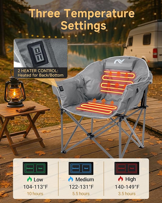 Slsy Heated Camping Chair Oversized Outdoor Portable Heated Folding Chair Heavy Duty 500 lbs Support Padded Seat for Outdoor Sports Camping Patio and Picnics