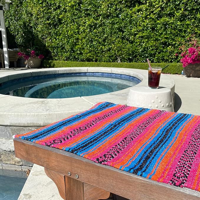 Del Mex Classic Mexican Blanket Large Authentic Woven Falsa Throw (70x50) Artisan Southwest Décor for Beach Yoga Outdoors (Turquoise/Pink/Orange)