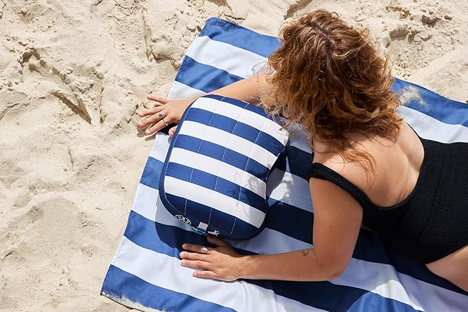 Ballast Beach Pillow – Comfy Durable &amp Compact Stays Put on Windy Beaches with Patented Sand Pouch Inflatable Pillow for Beaches Pools Camping Festivals and Travel (Blue Stripes)