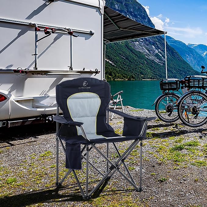 LET'S CAMP Oversized Folding Camping Chair Portable Outdoor Heavy Duty Padded Chairs Lawn Chair with Cup Holder Storage Pocket and Cooler Bag Supports 450LBS for Camp Travel Picnic2 Pack(Blue)