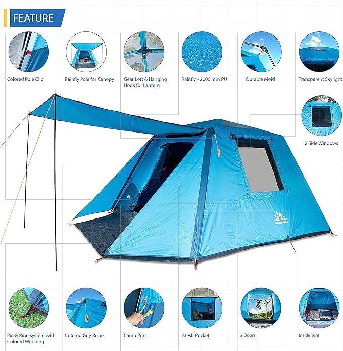 4 Person Dome Tent / 6 Person Dome Cabin Tent / 8 Person Cabin Tent with Full Coverage rainfly and Full Size Canopy