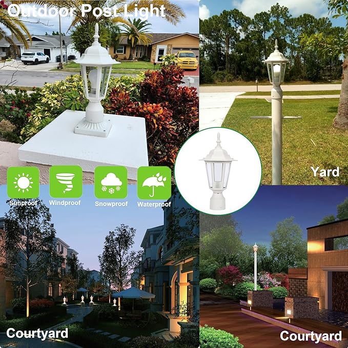 LIT-PaTH 16 Inch Outdoor Lamp Post Light Fixture Exterior Pole Lantern with Clear Glass Hardwired Aluminum Post Lighting for Driveway Garden Yard White 2-Pack