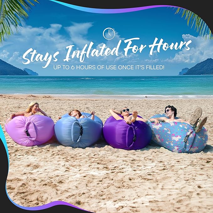 Nevlers Inflatable Lounger – Unicorn | 210T Polyester No-Pump Blow Up Couch Air Lounger | Portable Inflatable Couch for Camping Beach Festivals &amp More | 450 Lbs. Cap Air Chair w/Pockets &amp Ca