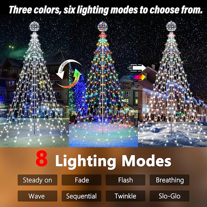 Flacchi Christmas Outdoor Star String Lights - Pole Set with Remote Multiple Lighting Modes Timer and Waterproof Feature (Cool White &amp Multicolor Ball 10 FT/432 LED)