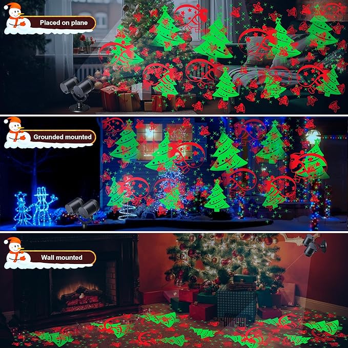 Christmas Lights Projector Christmas Decorations Lighting Projector with Timer Dynamic Led Xmas Tree Santa Claus Jingle Bells Lights for New Year Party Garden Wall Outdoor Indoor Holiday Decor