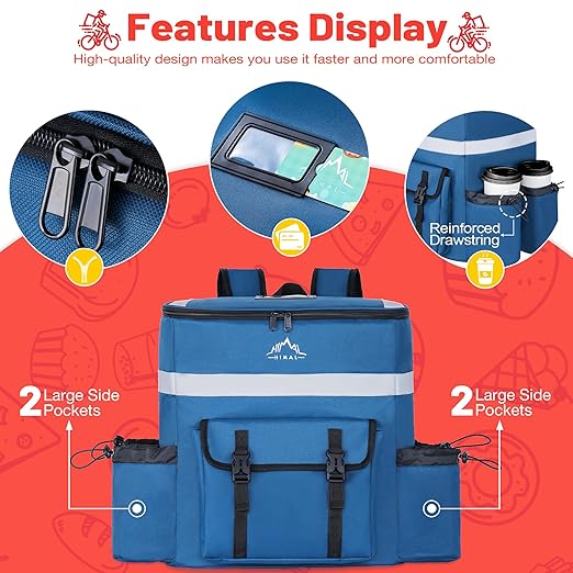 Food Delivery Backpack Insulated Delivery Bags for Delivery Bike Large Pizza Delivery Bag for HOT/COLD with 4 Pockets Reflective Strip for Uber EatCamping &amp Beach (Blue)