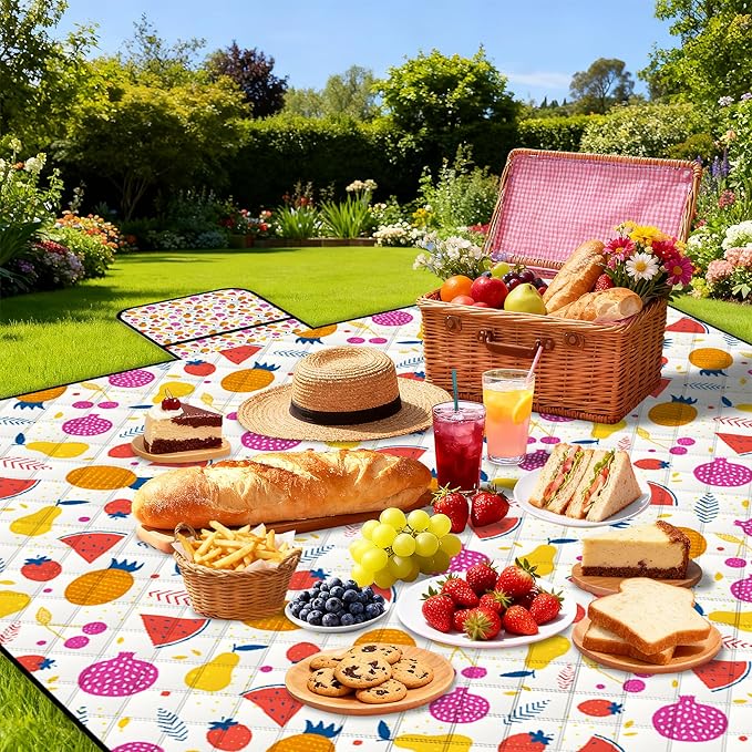 Poedist Extra Large Picnic Blanket Waterproof80x 80Foldable Machine Washable Beach BlanketOutdoor Blanket for 6-8 AdultsSuitable for Indoor CrawlingPark BeachCampingHikingFamily Travel(Fruit