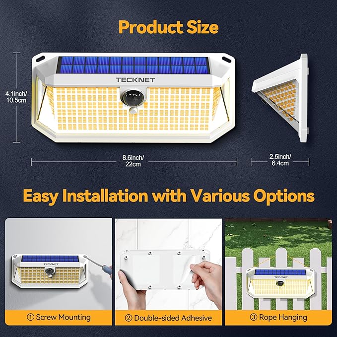 TECKNET 416 LED Solar Powered Outdoor Lights 270° Angle &amp 3 Lighting Modes Motion Sensor Light Outdoor Security Solar Lights Waterproof - 2 Pack White Color &amp Warm Light