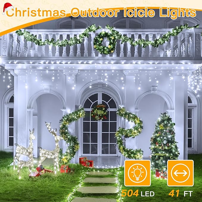Ollny Icicle Lights for Outside 504LED 41FT Cool White Christmas Light with Remote 8Modes Timers Waterproof Plug in Connectable Hanging Lights for Outdoor Indoor House Roof Holiday