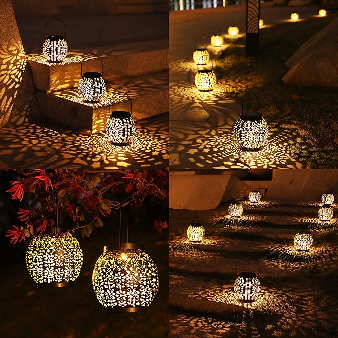 ODEETRONIC 2 Pack Warm White Outdoor Hanging Solar Garden Lanterns with Star Projection Retro Hollowed-Out LED Lights Waterproof for Yard Patio Lawn Porch Pathway Garden