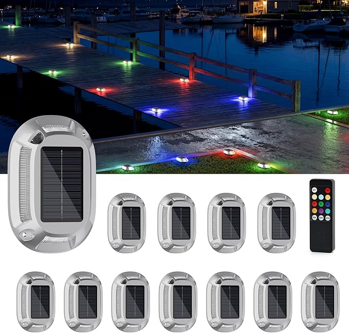 VOLISUN Solar Driveway Lights Dock Deck Lights with Remote 12 Pack9 Colors in 1 Led IP67 Waterproof Outdoor Warning Step Lights for Driveway Sidewalk Pathway RGB