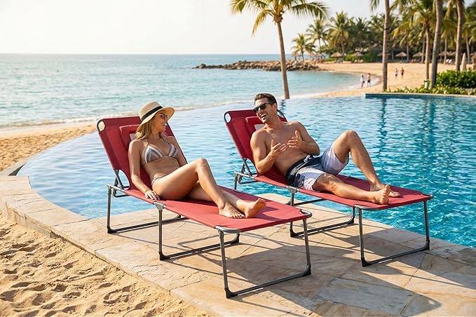 Tanning Chair with Face Hole Folding Beach Lounge Chair 5-Position Adjustable Backrest Face Down Chaise Lounge with Pillow and Side Pocket Portable for Poolside Patio Backyard Beach Red
