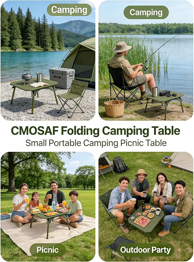 Foldable Camping Table | Adjustable Height Portable Camp Table for Backpacking Picnic &amp Car Travel | Compact Small Folding Table with Carrying Bag &amp Cup Coasters | Camping Essentials