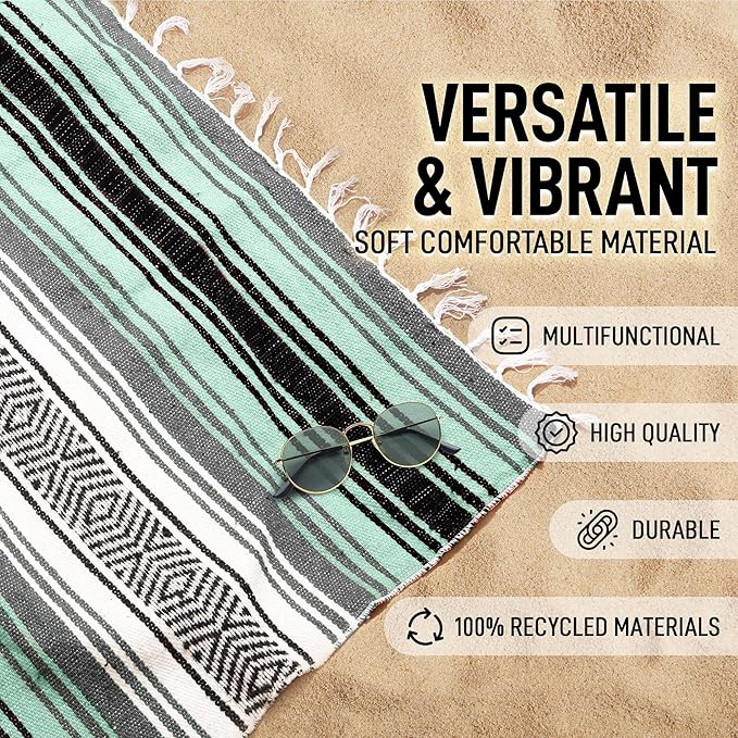 Hydration Nation Authentic Extra Large Mexican Blanket (70x50) - Handwoven Yoga Serape- Artisanal Falsa Beach Camping Picnic Outdoor (Aqua Green)