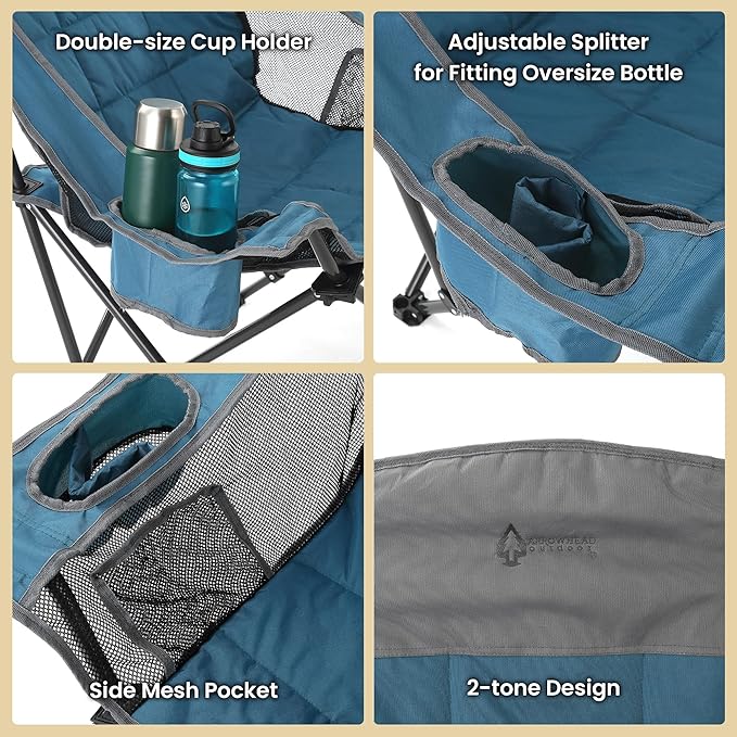 ARROWHEAD OUTDOOR 2-Pack Oversized Folding Camp Chair w/Adjustable Double Sized Cup Holder Mesh Sides Inner Pockets Carry Bag 300 LBS Weight Capacity