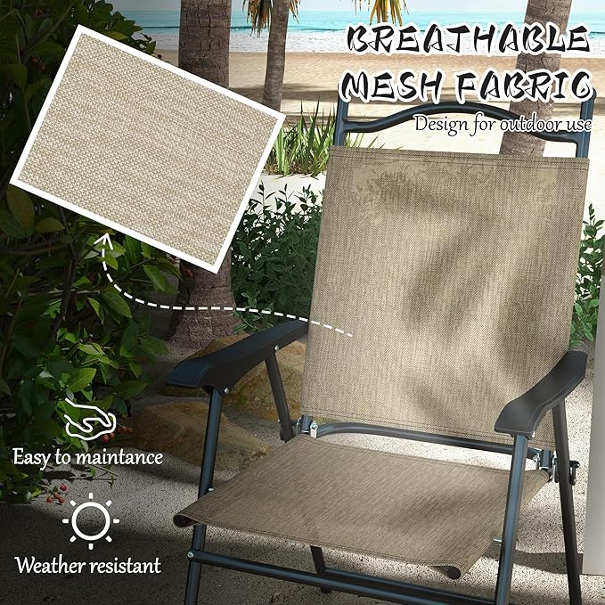 Folding Patio Chairs Set of 4 Sports Chairs for Adults Camping Chairs with Armrests Breathable Mesh Fabric Seat for Lawn Beige