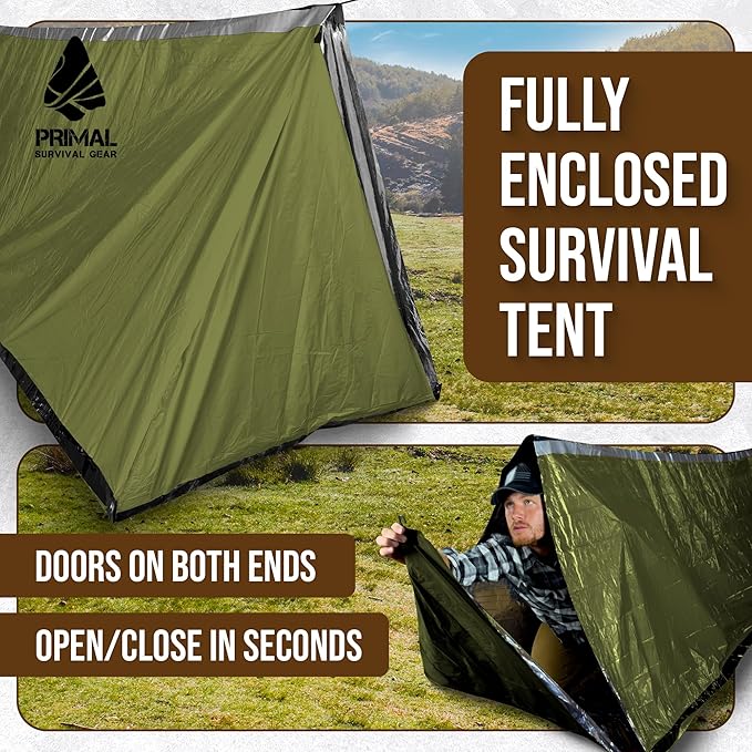 Orange Polyester Survival Tent with Doors - Compact Durable All-Season Shelter for Camping Hiking and Emergency Preparedness