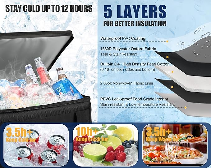 MyLifeUNIT Insulated Cooler Bag for Food &amp Pizza Delivery Bag Suitable for Car Bike Camping Picnic Beach Large Size