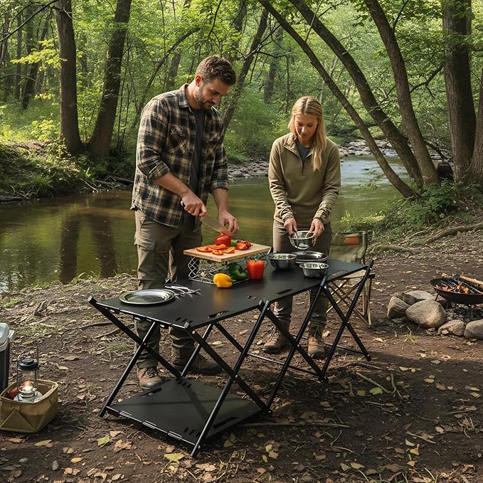 Portable Camping Table &amp Shelf 2-in-1Folding Carbon Steel Picnic Rack 37 4-Tier Storage Cook Station with 4 HooksPerfect for Party Dining Camping BBQ Indoor Outdoor