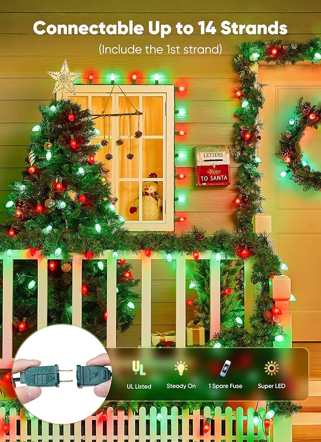Minetom Vintage C9 LED Christmas Lights Outdoor 50 Feet C9 String Lights with 50 Shatterproof Matte Bulbs Connectable Waterproof Lights for Holiday Party Roofline Backyard Garden Patio Red &amp Gr