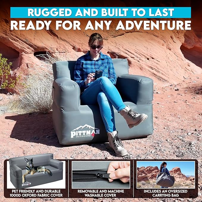 Pittman - Inflatable Chair for Camping with Built in Pump - Portable Inflatable Couch for Adults Holds 350lb's - Blow Up Chair for Movie Nights Outdoor Blow up Furniture or Air Sofa for Camping