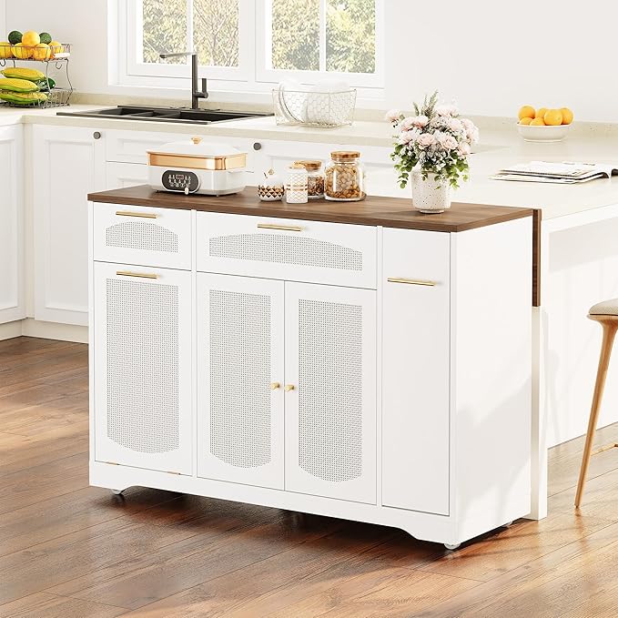 Rolling Kitchen Island Cart with Drop Leaf Storage Cabinets Drawers Tilt-Out Trash Can Spice Rack Narrow Movable Table for Small Spaces 47 on Wheels - Walnut Tabletop + White
